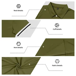 Detailed close-up views of olive green polo shirt collar, striped cuffs, and fabric