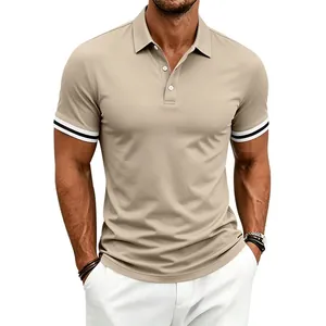 Detail of men's polo shirt featuring contrast striped cuffs and three-button collar design
