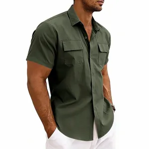 Detail view of olive green men's short-sleeved cargo shirt with dual chest pockets.