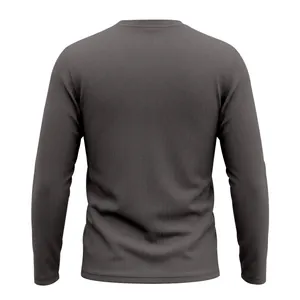 Close-up back view of a men's charcoal grey waffle knit long sleeve casual T-shirt