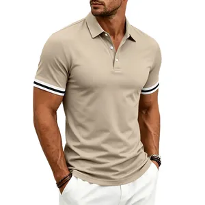 Slim fit men's beige polo shirt featuring contrast striped cuffs and three-button collar
