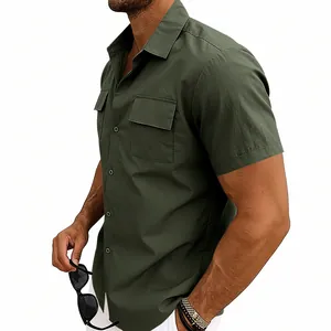 Detailed side view of olive green short sleeve cargo shirt with functional chest pocket and slim fit