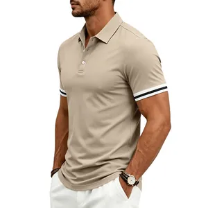 Detailed view of a khaki men's business polo shirt with stylish striped contrast cuffs