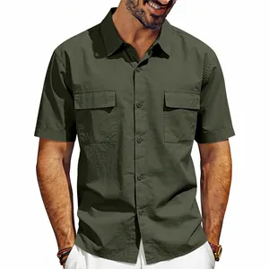 Close-up of olive green men's short-sleeve cargo shirt with functional chest pockets