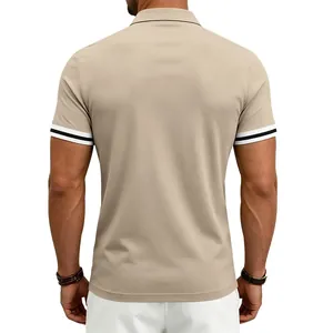 Detailed back view of khaki men's polo shirt with stylish striped cuffs and fit