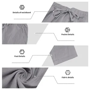 Vistas detalladas de pantalones de lino para hombre que muestran cintura, bolsillos y tela