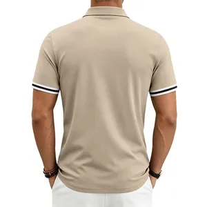 Detailed back view of men's beige polo shirt featuring double stripe contrast cuffs