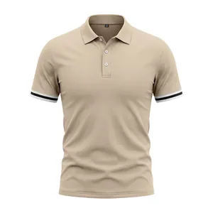 Detail of breathable khaki men's Polo shirt with double striped contrast cuffs