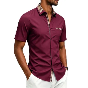 Burgundy short-sleeved shirt with plaid contrast collar and single chest pocket detail