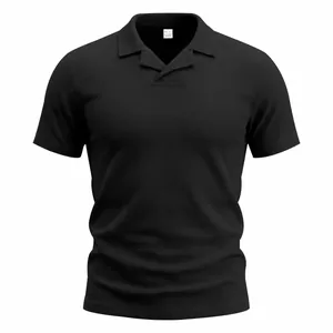 Primer plano de la tela de punto de gofre negra y el cuello cubano en un polo de hombre