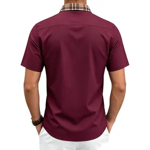Back view of a men's burgundy short sleeve shirt featuring a classic plaid collar detail