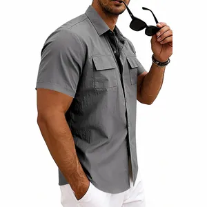 Detailed view of men's grey tactical short sleeve work shirt with two chest pockets