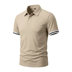 Close-up detail of khaki men's polo shirt with striped cuffs and classic three-button collar