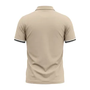 Back view of a beige summer polo shirt for men featuring stylish double-striped cuffs