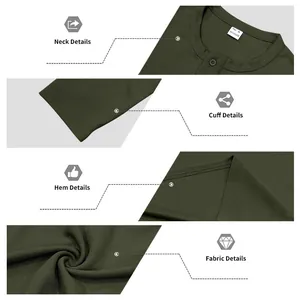 Close-up details of men's olive green waffle knit Henley shirt fabric and stitching