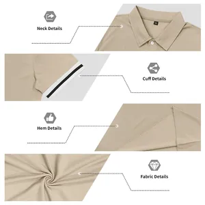 Detailed macro views of men's beige Polo shirt neck, cuffs, hem and fabric texture