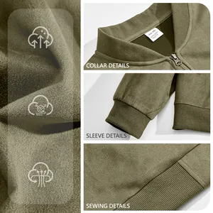 Vista detallada de chaqueta de ante verde oliva para hombre, cuello, mangas y costuras