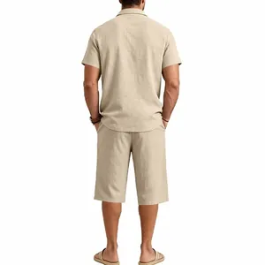 Back view of a men's summer linen shirt and shorts set in beige textured fabric