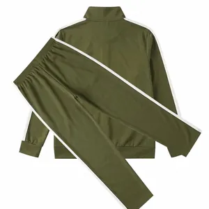 Detail view of men's olive green tracksuit set with white side stripes and zip jacket.