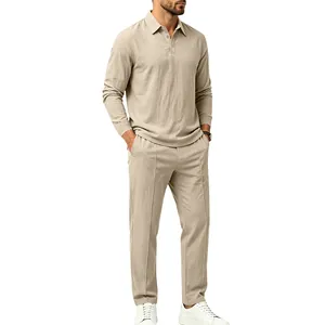 Model wearing khaki cotton linen two-piece set with polo shirt and straight pants.