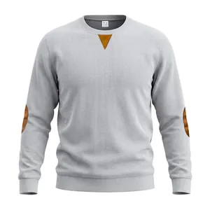 Heren sweatshirt van grijs corduroy met contrasterende elleboogstukken en details.