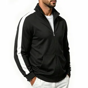 Men's black zip-up tracksuit jacket with white side stripes and stand collar detail
