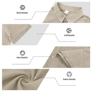 Detailed macro views of the neck, cuff, hem, and textured fabric of the beige linen shirt