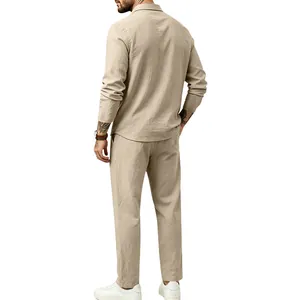 Back view of men's beige cotton linen long-sleeve shirt and straight trousers set