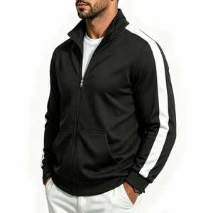 Men's stylish black zip-up track jacket featuring white side stripes and stand collar
