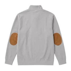 Detailed back view of a grey ribbed sweatshirt featuring brown oval elbow patches