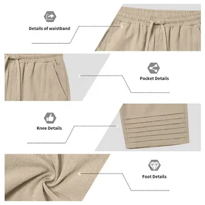 Detailed views of beige men's cotton linen cropped pants with drawstring and pockets