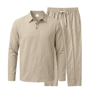 Two-piece men's casual cotton linen shirt and trousers set in sandy beige.