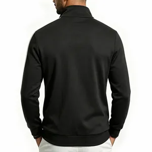 Detailed back view of men's athletic zip-up jacket with side stripes and stand collar