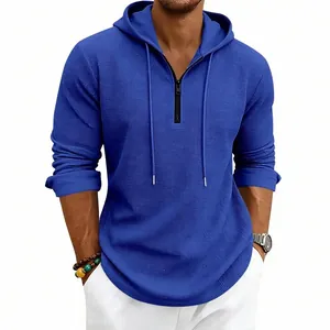 Felpa con cappuccio da uomo in maglia a nido d'ape con mezza zip e coulisse blu