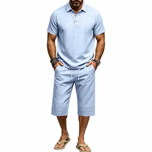 Men's summer light blue cotton linen two-piece set with polo shirt and drawstring shorts