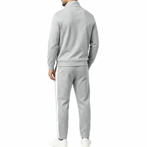 Back view of grey men's tracksuit featuring white side stripes and stand-up collar