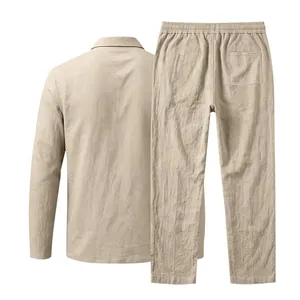 Rear view detail of men's beige cotton linen long sleeve shirt and trousers set