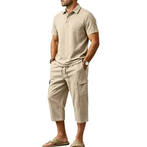 Stylish men's summer beige cotton linen two-piece set with polo shirt and cargo pants