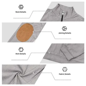 Detailed view of men's ribbed half-zip sweatshirt featuring elbow patches and fabric texture.