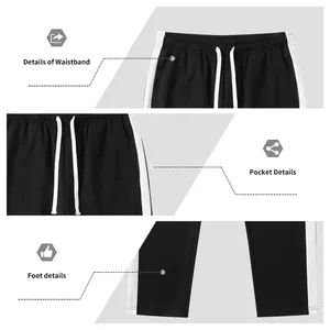 Detailed views showing the waistband, pocket, and hem of men's striped sports sweatpants