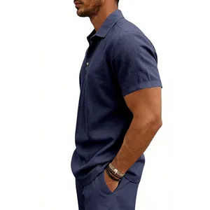 Detailed side view of a premium navy blue linen short-sleeve polo shirt for men