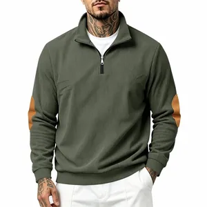 Men's casual ribbed half-zip sweatshirt featuring elbow patches in olive green color.