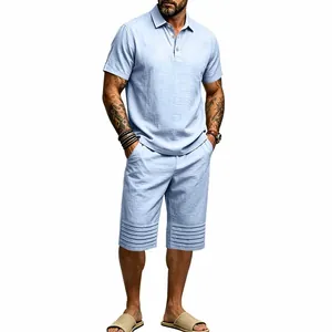 Men's light blue summer cotton linen 2-piece polo and shorts vacation set outfit