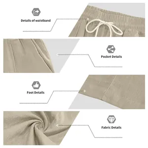 Detail view of men's cotton linen trousers showing waistband, pocket, hem, and fabric texture