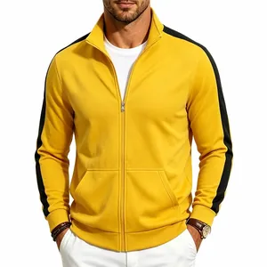 Detailed view of men's yellow zip-up sports jacket with black side stripes and collar