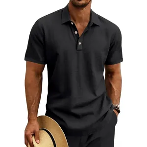 Macro view showing the breathable linen texture and button detail of a black polo shirt.