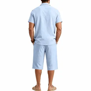 Detail back view of men's light blue cotton linen shirt and shorts vacation set