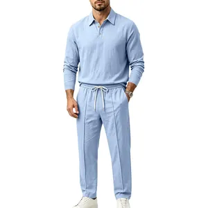 Close-up view of men's light blue breathable cotton linen polo shirt and trouser set