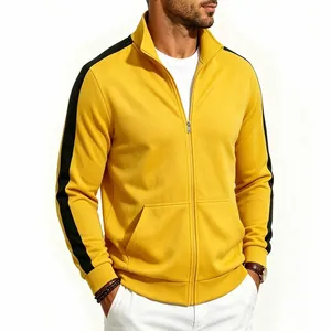 Detail of men's yellow sports jacket featuring contrast black stripes and stand collar