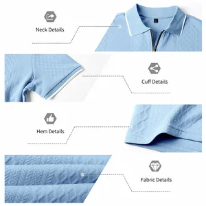 Close-up detail views of light blue diamond jacquard men's Polo shirt neck cuff and fabric